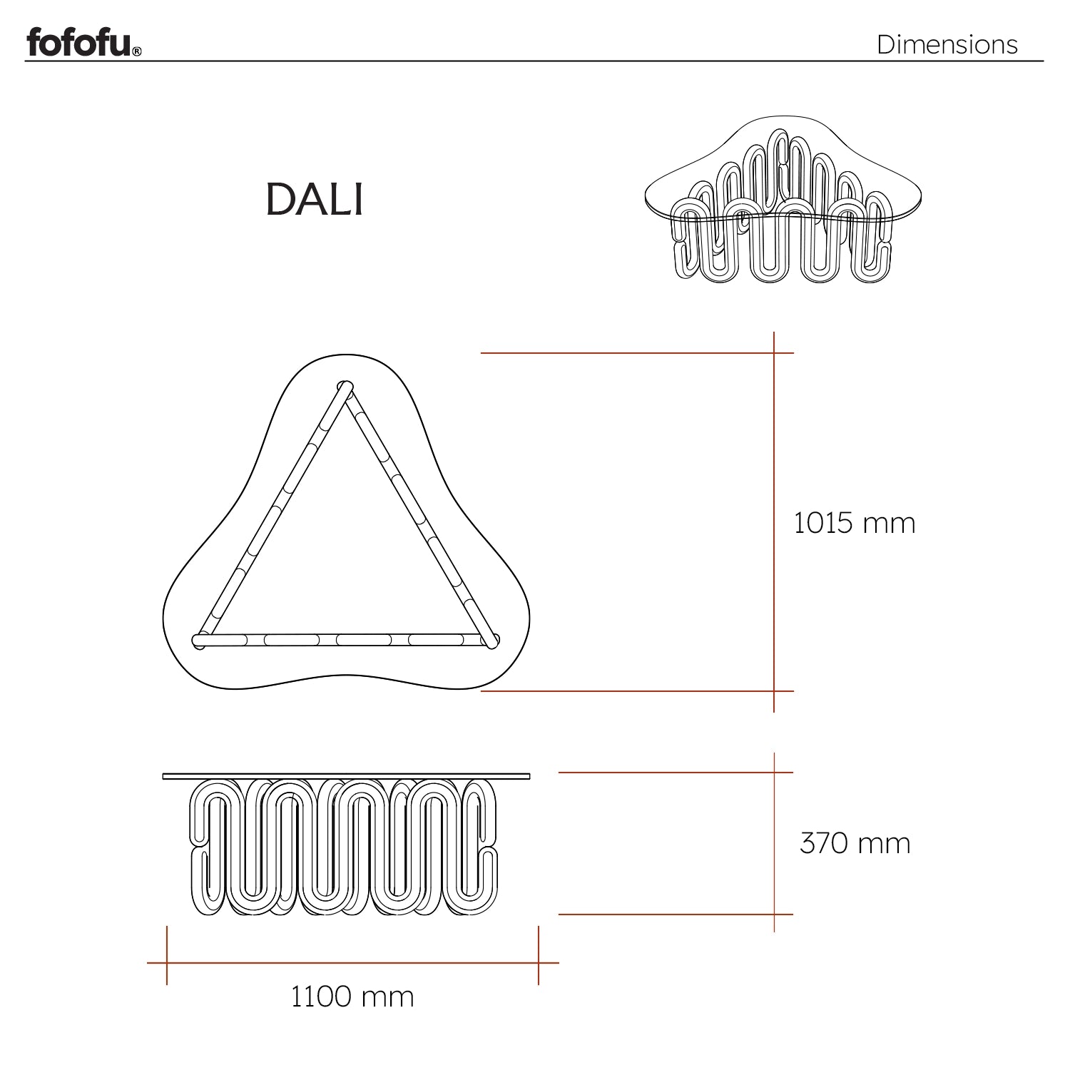 Technische Zeichnung des fofofu Couchtischs DALI mit Glasplatte und skulpturalem, wellenförmigem Holzgestell – Maße 1100 mm x 1015 mm x 370 mm, handgefertigtes Designerstück aus recyceltem Holz.