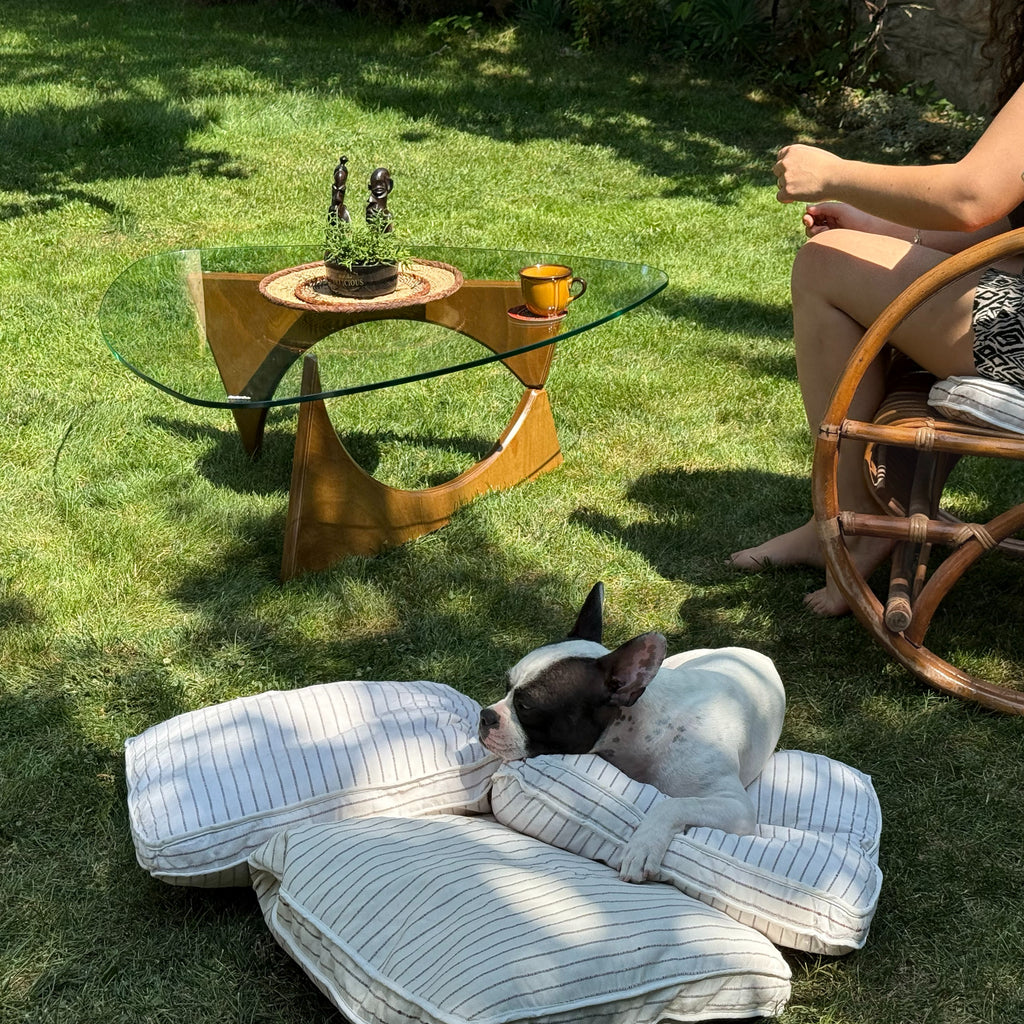 Handgefertigter Design-Couchtisch von fofofu aus recyceltem Holz mit Glasplatte – stilvolle Gartenszene mit Rattan-Schaukelstuhl, entspannter Atmosphäre und Hund auf Kissen im Schatten.