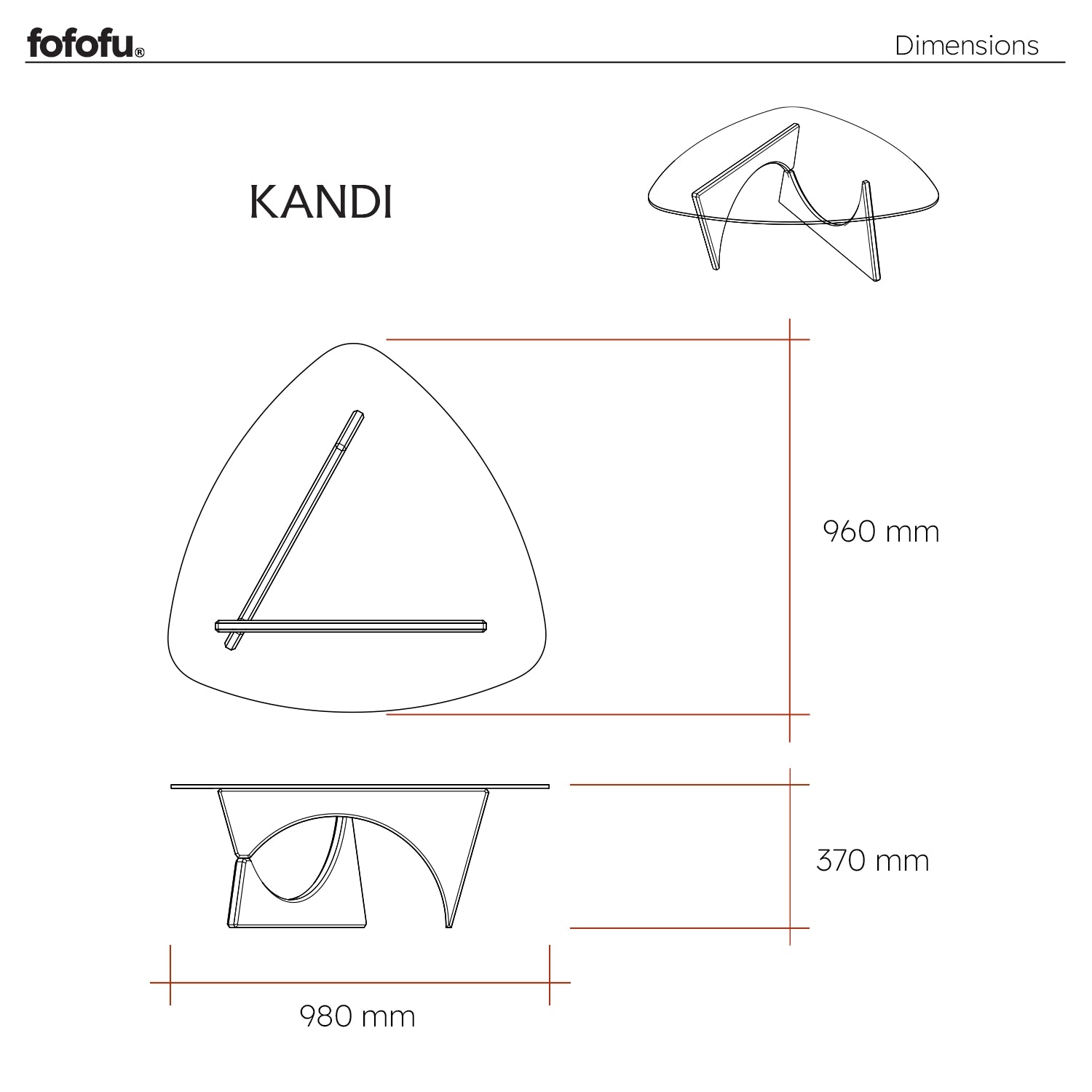 Technische Zeichnung des fofofu Couchtischs KANDI mit Glasplatte und organisch geformtem Holzgestell – Maße 980 mm x 960 mm x 370 mm, handgefertigtes Design aus recyceltem Holz.