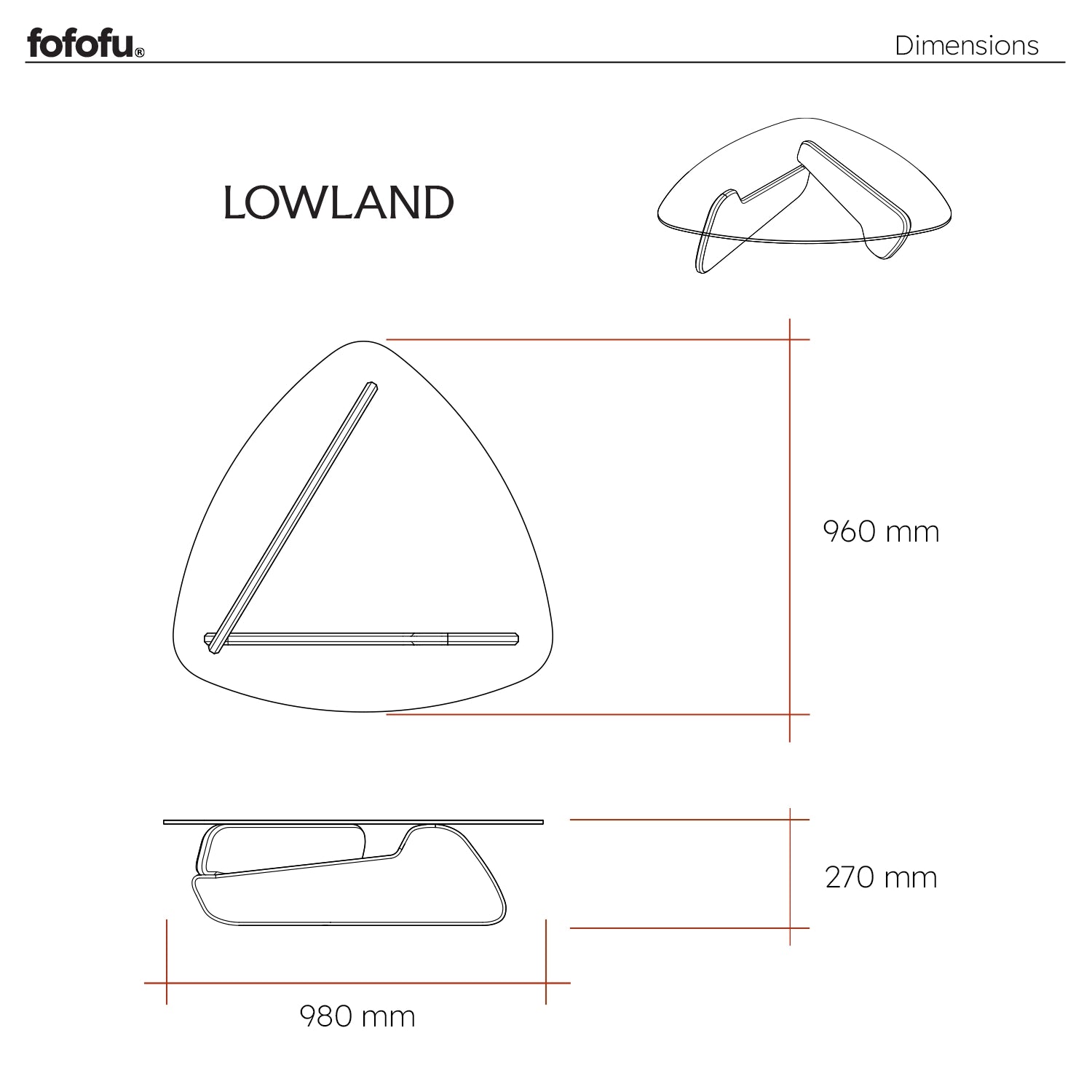 Technische Zeichnung des fofofu Couchtischs LOWLAND mit Glasplatte und geschwungenem Holzgestell – Maße 980 mm x 960 mm x 270 mm, handgefertigtes Designerstück aus recyceltem Holz.