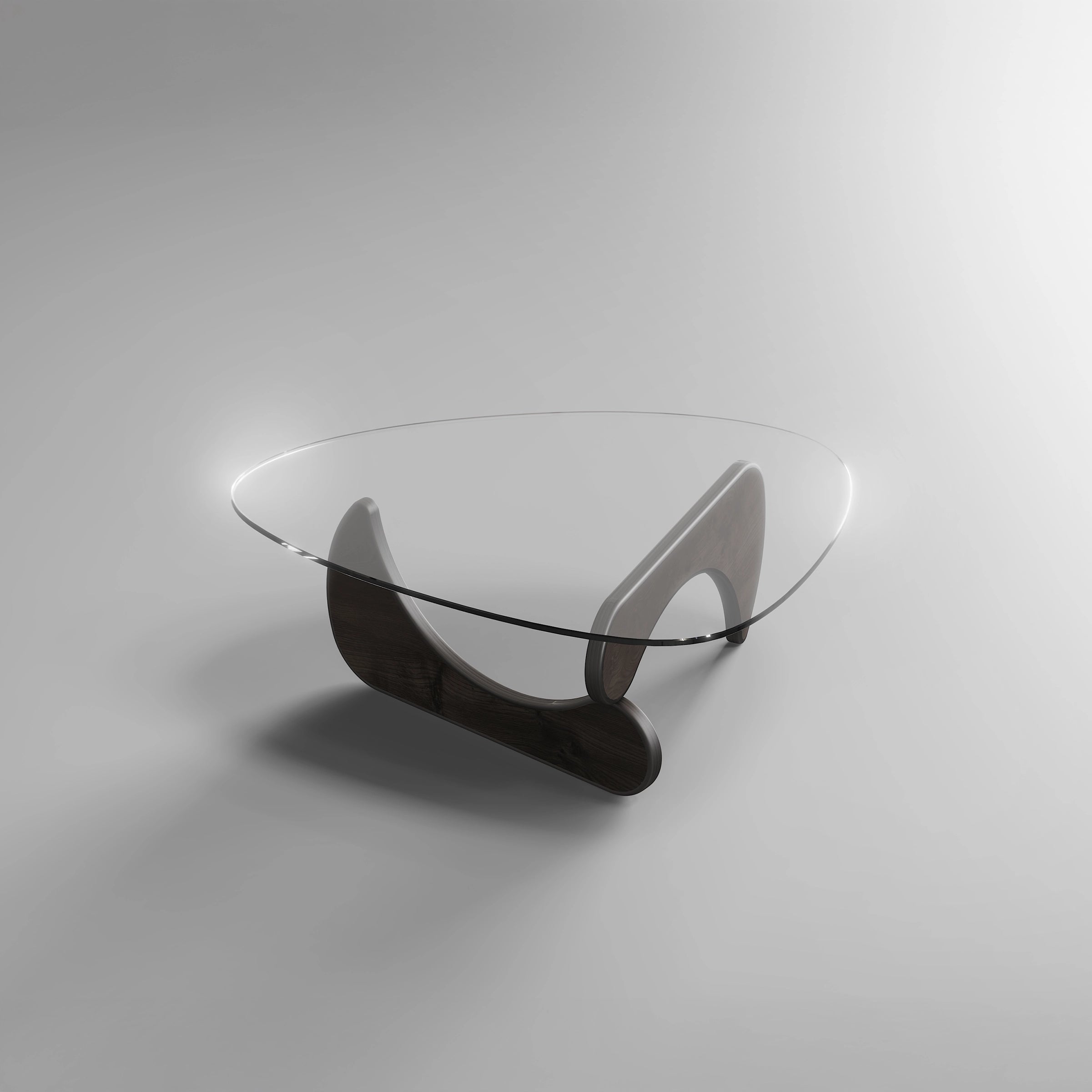 Designer-Couchtisch mit nierenförmiger Glasplatte und skulpturalem Holzgestell im modernen Stil