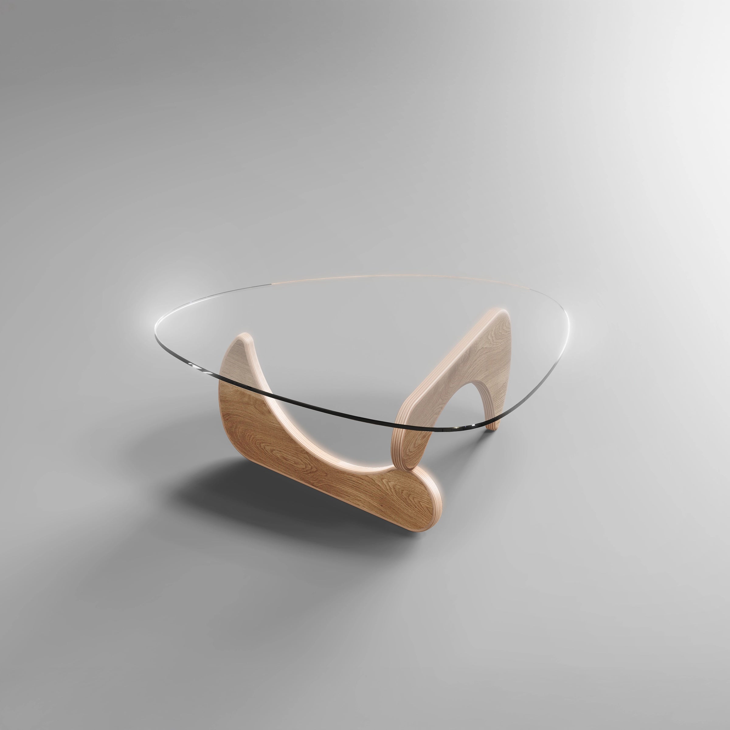 Designer-Couchtisch mit nierenförmiger Glasplatte und skulpturalem Holzgestell im modernen Stil