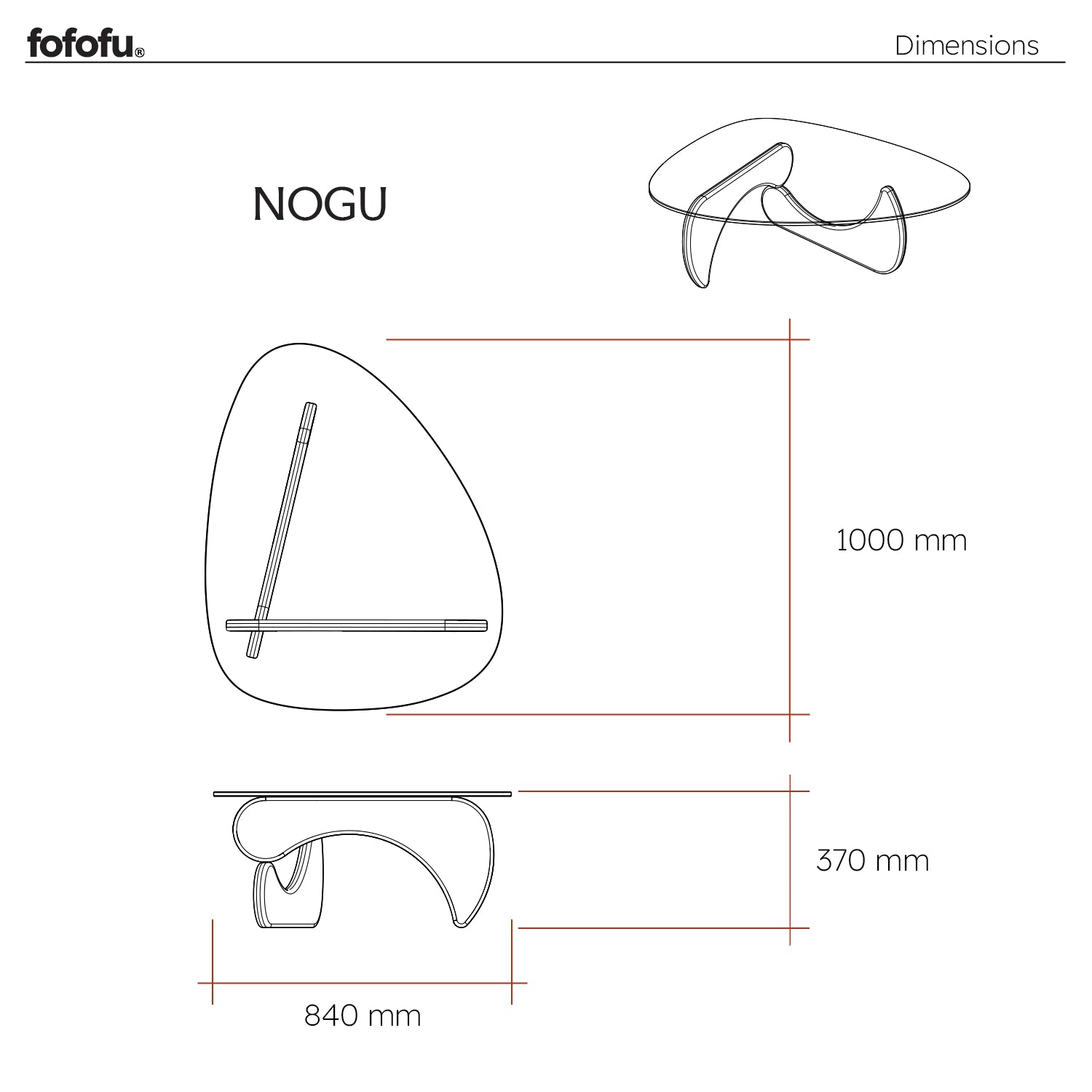 Technische Zeichnung des fofofu Couchtischs NOGU mit Glasplatte und organisch geformtem Holzgestell – Maße 1000 mm x 840 mm x 370 mm, handgefertigtes Designerstück aus recyceltem Holz.