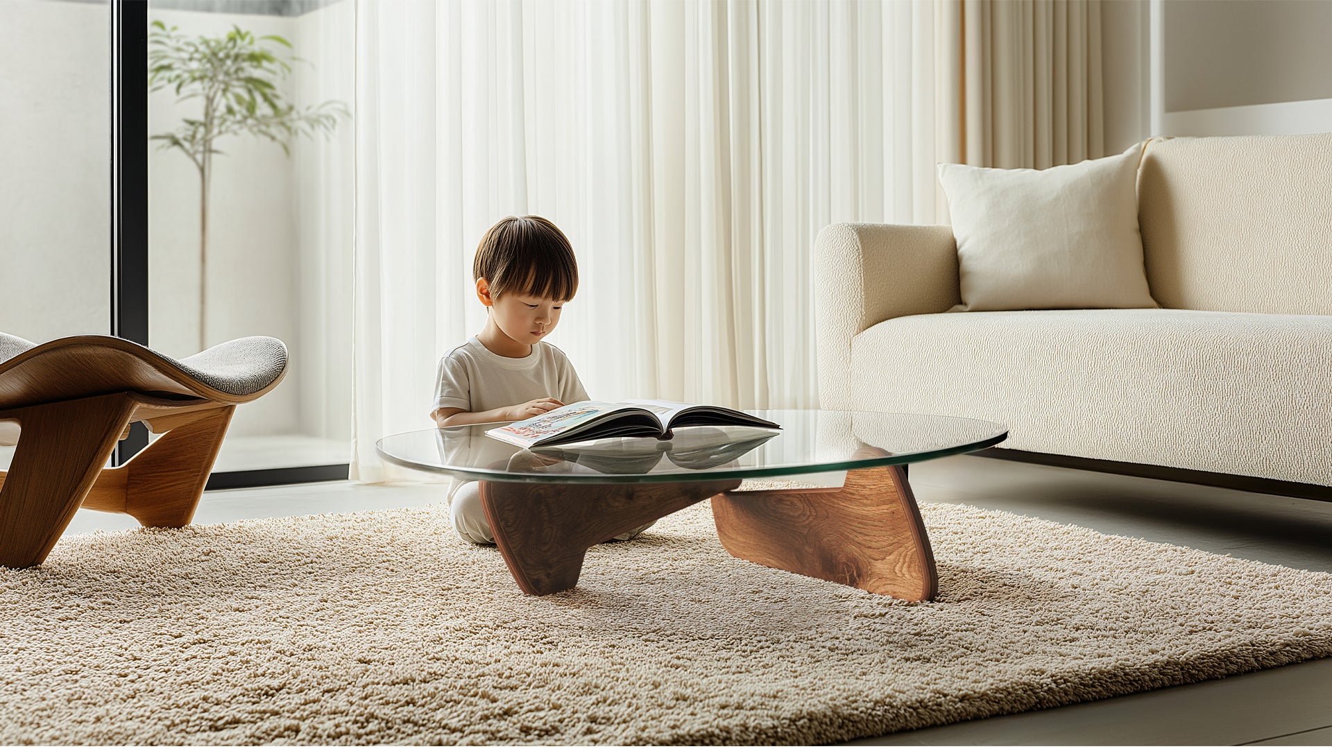 Kleinkind liest auf einem runden Design-Couchtisch mit Glasplatte und Holzfüßen in einem hellen, minimalistischen Wohnzimmer mit Naturlicht, Sofa und Teppich.